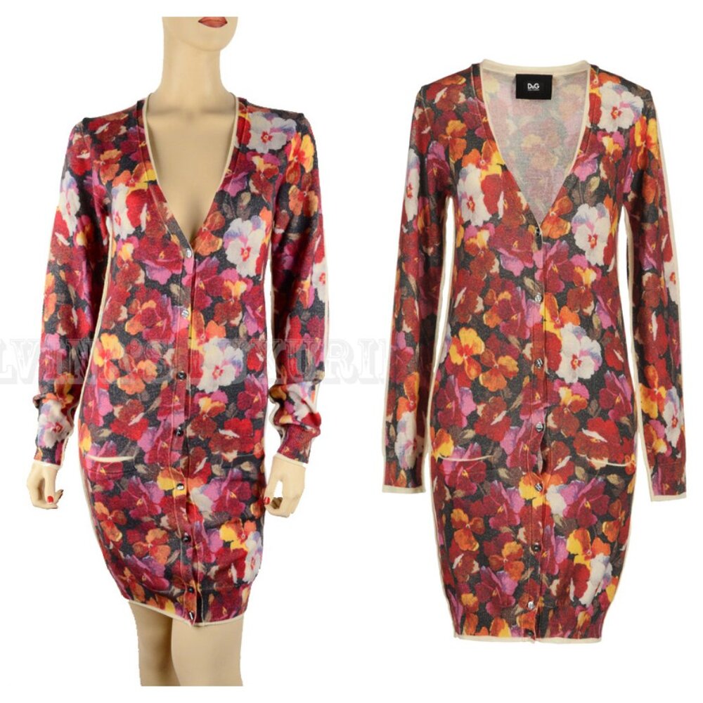 D&G DOLCE & GABBANA SWEATER DRESS ROSE GARDEN PRINT 100% WOOL CARDIGAN 42 6